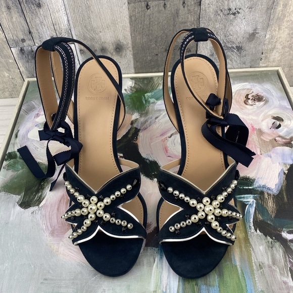 Tory Burch Sea Star Starfish Beaded Pearl Ribbon Tie Strappy Heels Size 10. - Picture 3 of 15